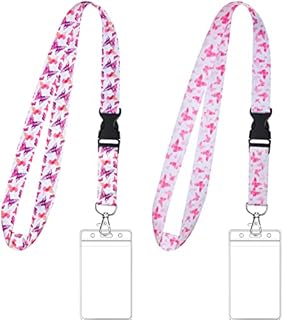 2 Sets Cute Lanyard and Card Holder Pink Lanyard Key Chain ID Badge Holder Neck Strap with PVC Waterproof Card Holder for Teacher Woman Kids (Butterfly Style)
