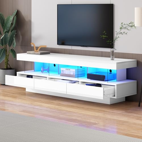 YEHTOKHOME Meuble TV LED 160 cm, Meuble TV avec 3 Tiroir, 3 Étagères en Verre, LED RGB Contrôlable par App Bluetooth, Supporte Télé 70 Pouces, Style Moderne pour...