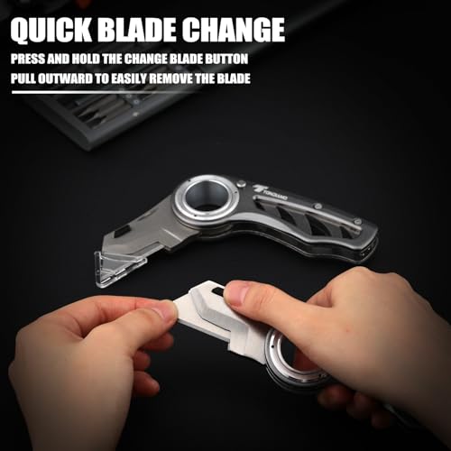 Image of Tondiamo 2 Pcs Folding Pocket Utility Knife Heavy Duty Box Cutter Folding Razor Knife with Anti Slip Finger Loop Easy Change Blades 3 Lock Positions Design (Gray)