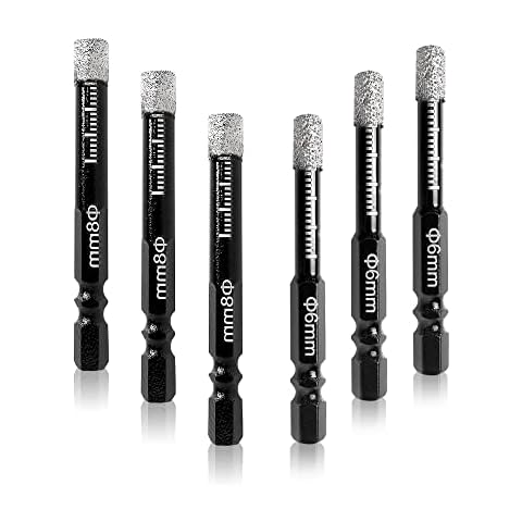 6 Pcs Porcelain Tile Drill Bit 6mm-8mm Dry Diamond Drill Bits for Porcelain Tiles Granite Ceramic Marble Glass Stone wiith Hex Shank (3 each of 6 mm &8 mm) Cover