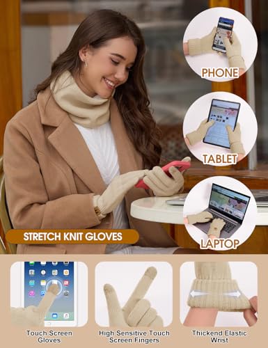 PASUDA Mützen Schal Handschuhe Damen Winter 5 Stücke Set Warme Fleece Gefütterte Beanie Wintermütze Halswärmer Touchscreen Handschuhe Plüsch Ohrenschützer Verdickte Socken Winterset (Khaki, One Size)