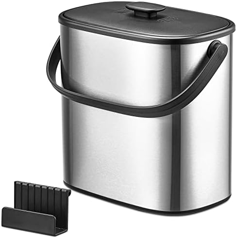 HEPHETER Compost Bin for Kitchen Countertop, Stainless Steel Food Waste Bucket, Indoor Compost Bin with Charcoal Filter, Mountable Food Waste Bin for Kitchen, 1.3 Gallon