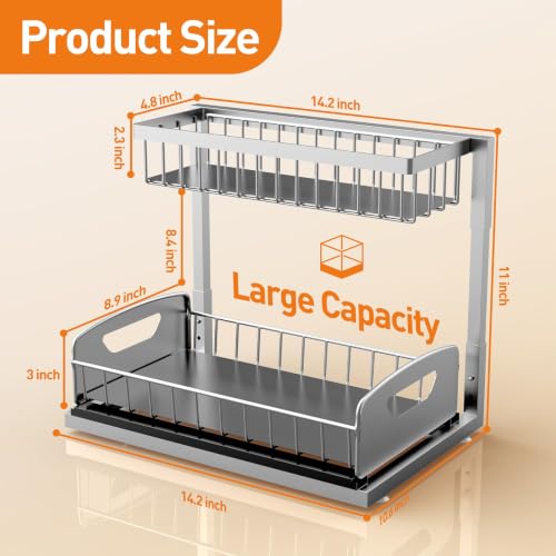 Under Kitchen Sink Organizer, Metal Pull Out Bathroom Organizers and Storage, 2-Tier Cabinet Organizer Shelf with Sliding Drawer, Home Organization for Kitchen, Laundry, Pantry, Light Grey, 2 pack by AIDIAM - Used condition - Image 2
