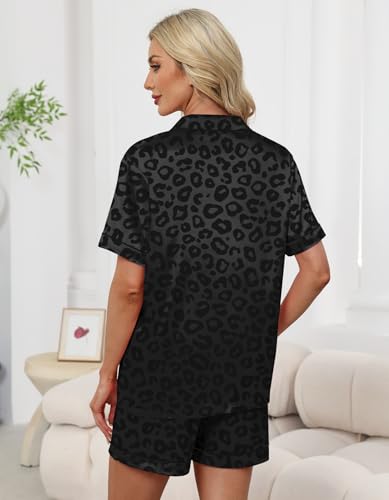 Image of Schbbbta Women Pajamas Set, 2 Pieces Satin Silk Button Down Pjs Short Sleeve Outfits Loungewear