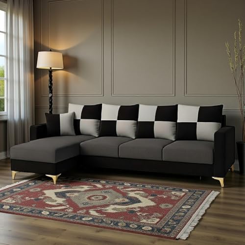 CASASTYLE Brogan 5 Seater Fabric LHS L Shape Sofa Set (Dark Grey-Black) in Premium Velvet Finish | Durable Comfort | Ideal for Living Room
