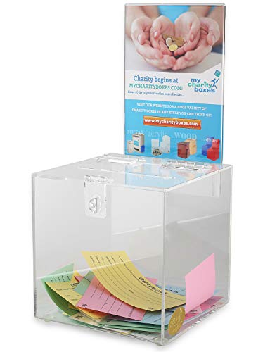 Acrylic Raffle Box with Lock and Sign Holder, Charity Donation And Ballot Box, Suggestion Box - Plastic Comment Box - Plexiglass Collection Box - Complaint Box with Slot - (Clear Box 6.25" X 6.25")