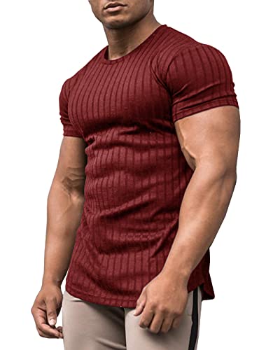 Urru Herren-Muskel-T-Shirt, Stretch, kurzärmelig, Bodybuilding, Workout, lässig, schmale Passform, Weinrot, XL