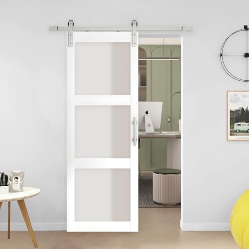 BARNSMITH 30in x 84in Glass Sliding Barn Door and 6.6FT Hardware Kit Included, 3 Tempered Frosted...