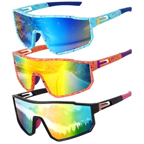 Apricitie 3 Stück Schnelle Brille Fahrradbrille UV 400 Sportbrille Sport Sonnenbrille Laufbrille MTB Fahrrad Brillen für Herren Damen Rennrad Fahrrad Ski Rave Golf blau rosa orange