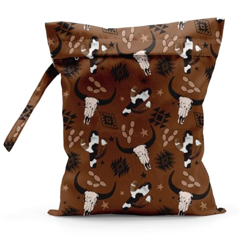 Image of Wet Bag Swimsuit Bag Reusable Wet Dry Bag, Cow Skull Wet Bags for Travel, Beach, Yoga, Swimsuits, Swimwear, Wet Clothes, Cloth Diapers, Western Cactus Gym Bag, Western Country Stuff Cowgirl Gifts