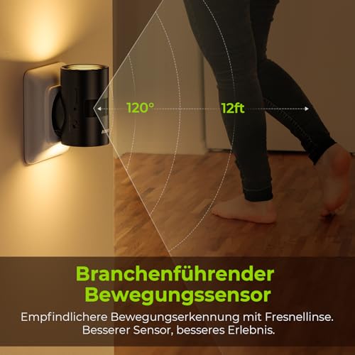 AUVON Nachtlicht Steckdose mit Bewegungs- & Dämmerungssensor (90° Drehbar, Zuschaltbare Auf-/Abwärtsbeleuchtung, 1-50 lm Dimmbar), 2er Night light Warmweiß für Flur Treppe Schlafzimmer Küche Kinder
