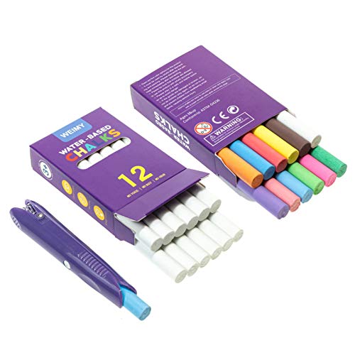 WEIMY 12-Count Colored &12-Count White Dustless Chalks Non-Toxic, Truly Dust Free Chalk for Art Decorating Chalkboard Blackboard - Includes Fun Magnetic Chalk Holder (12colored-12white-Holder-P)