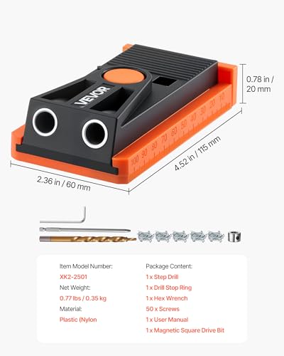 Image of VEVOR Pocket Hole Jig Kit, 1 /2 to 1-1 /2 in Adjustable, Mini Jig Pocket Hole System with Step Drill, Hex Wrench, Drill Stop Ring, Square Drive Bit, and Screws, Reinforced Nylon Frame, for Woodworking