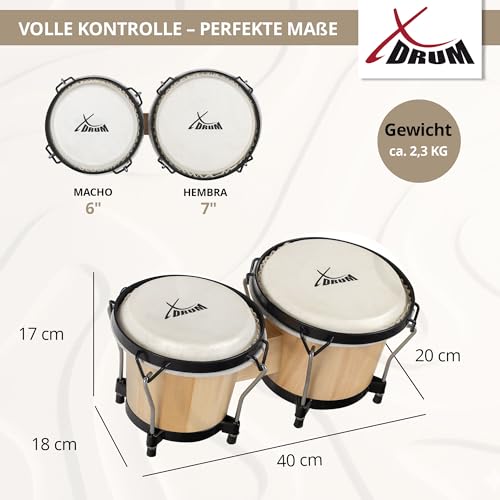 XDrum PERC Bongos Club Weinrot - 2 Trommeln mit 6\ und 7\ - Bongotrommeln mit stimmbaren Naturfellen und Stimmschlüssel - Holztrommeln Natur