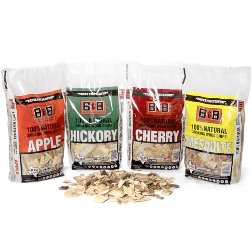 BBQ Wood Chips for Smoker Variety Pack (4 Flavors) Apple, Mesquite, Hickory, & Cherry Wood Chips for Smoking, Grilling & Camping, 180 Cu. in Per Bag