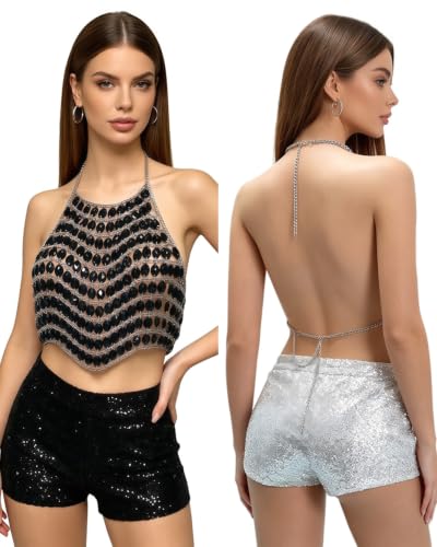 Image of AIBEARTY Women's Sexy Multi-Layer Metal Chain Crop Tops Hollow Out Halter Backless Tassel Camisoles for Rave Party Club