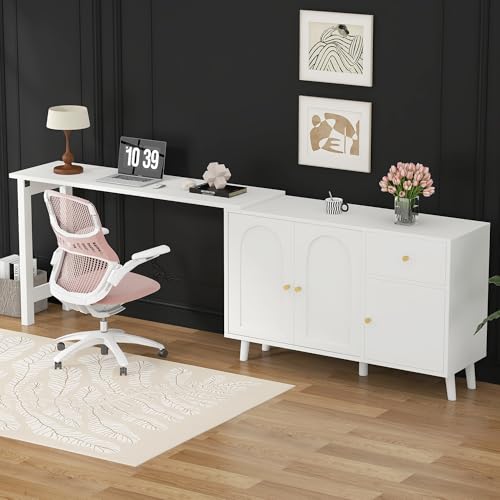 Escritorio y aparador multifuncional 2 en 1 – Giratorio 360 ° 3 puertas 1 cajón – Elegante escritorio para ordenador, escritorio esquinero, tocador, escritorio, aparador