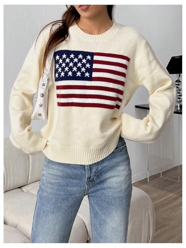 Image of SweatyRocks Women's Flag Pattern Long Sleeve Round Neck Sweater Casual Loose Pullover Sweater