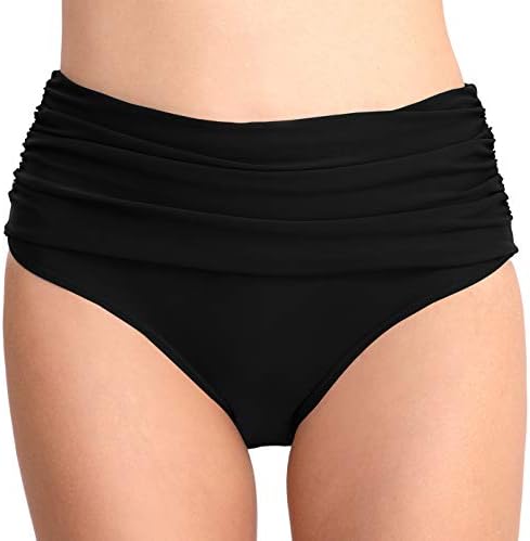 T1FE 1SFE Women High-Waisted Swim Bottoms Full Coverage - Tummy Comtrol Bikini Bottom Slimming Ruched Bathing Suit Bottoms Ladies Retro Tankinis Bottom A Black
