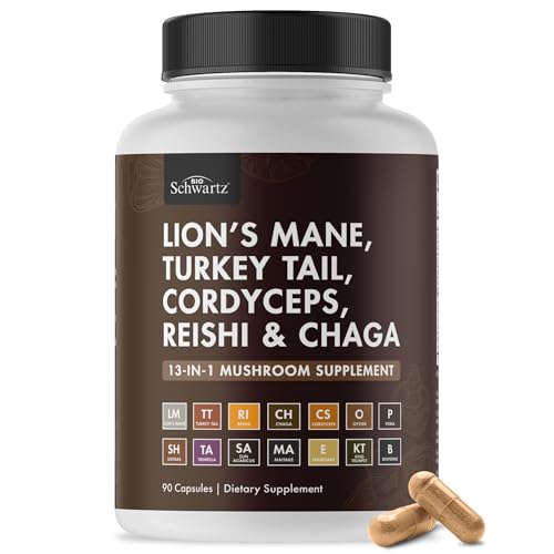 BioSchwartz 13-in-1 Mushroom Complex Capsules - Organic Mushroom Supplement with Lions Mane Chaga Reishi Cordyceps - Supports Focus Energy Immune System - with BioPerine for Absorption 90 Count