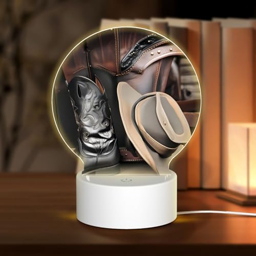 PHAYAH Cappello da cowboy nero modello stivali occidentali luce notturna rotonda LED luce base con cavo USB regolabile 3 colori per adulti camera da letto bambino