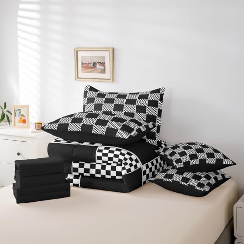 Image of Erosebridal Geometric Checkered Full Bed in A Bag 7 Piece Black White Buffalo Plaid Comforter Set with Sheets Checkerboard Gingham Bedding Sets for Kids Boys Teen,Modern Fashion Grids Bed Set
