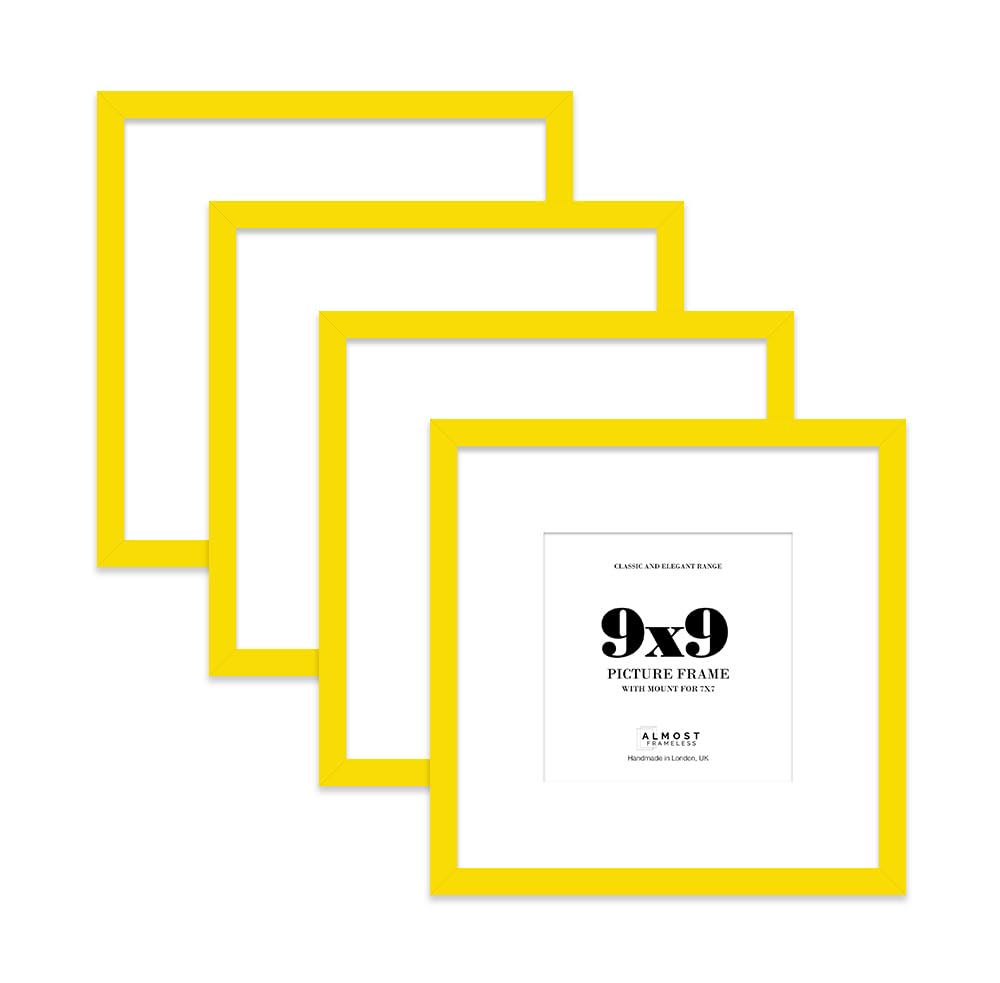 9x9 Yellow Picture Frame with Mount for 7x7 Photos, Prints - Modern Square Wall Frame, Set of 4
