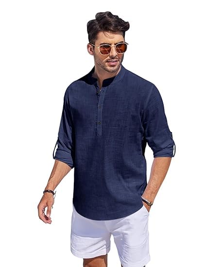 Image of Bellstone Men's Cotton Blend Straight Kurta Shirt Combo with Mandarin Collar - Slim Fit Casual Short Kurti Set Featuring Textured Slub Fabric and Roll-Up Full Sleeves