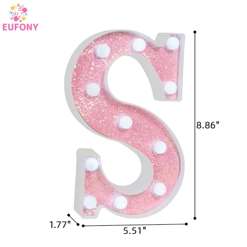 Image of Pink Glitter Marquee Light Up Letters, Battery Operated LED Letter Lights Signs for Pink Birthday Party Table Decorations, Wall Decor for Girls Bedroom, Initial Letter S with Cool White Lights