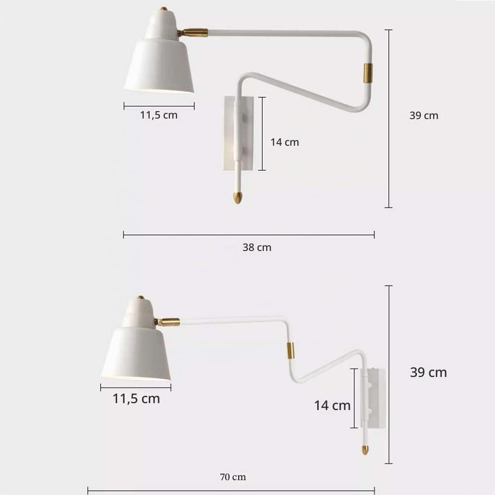 AoLa Schwenkarm Wandleuchte Verstellbar Metall Arm Wandlampe mit Schalter und Stecker Industrial Nachttischlampe Drehbare mit Kabel Langer Arm Leselampen Innen Wandspot E27 Fassung,Weiß