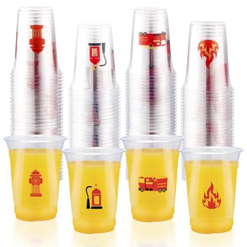 Greencian Fire Truck Plastic Cups 16 oz, 100 pcs