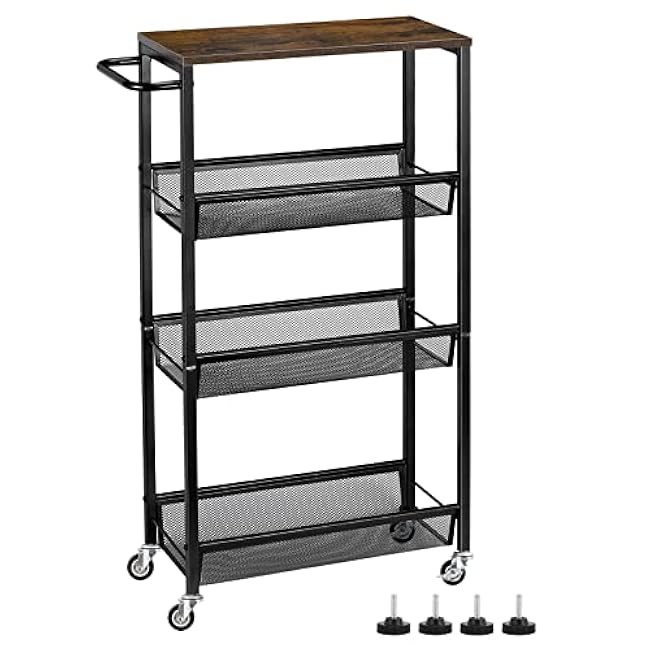 MOOACE Slim Storage Cart, 4 Tier Rolling Kitchen Shelving Unit on Wheels Mobile Narrow Cart with Wooden Tabletop for Bathroom, Laundry Narrow Places, 16.6''x 7.3''x 31.1''inch-xT1NM8iF