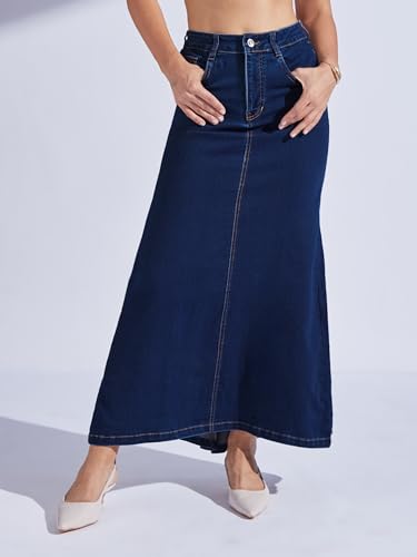 Image of Miss Chase Women's Regular High Rise Above Knee Stretchable Denim Skirt