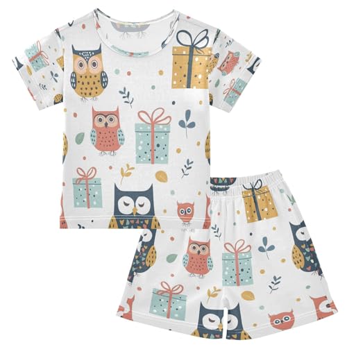 senya Short Sleeve Pajamas Sets Summer Cotton Sleepwear Cute Owls and Gift Boxes