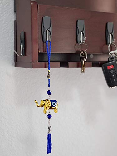 Bravo Team Lucky Blue Evil Eye Wall Hanging Ornament With Elephant Charm And Blue Bead Tassel - Sign Of Strength, Power, Stability And Wisdom - Home & Car Rear View Mirror Hanging Accessories (Gold) #TOP6