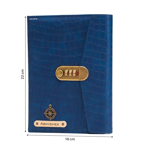 Image of AICA Personalized Name & Charm Leather Lock (Navy Blue) Diary � A5 Size 230 Pages with Combination Lock for Men & Women | Customized Planner Diaries Office Gift Items for Man Husband Father Brother