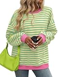 CASURESS Women Striped Oversized Sweatshirt Long Sleeve Crewneck Shirts Fall Fashion Pullover Sweater Yellow Green