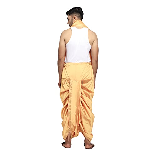 Image of Rameshwaram Fabrics Readymade Dhoti for Men, Velcro Style Stitched Mens Silk Dhoti Pant with Stole Set