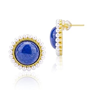 Birger Jarls 23 Natural Lapis Lazuli Stud Earrings，925 Sterling Silver Handmade Round Hemispherical Ball Stud Earrings Jewelry for Girls, Elegant Jewelry for Mom, Wife, Girlfriend