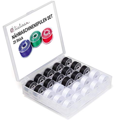 Lialina 25 Spulen für die Nähmaschine inkl. Spulenbox, in Deutschland aufgespult,Garn 120/50 m / 100% Polyester (schwarz/weiß) Cover