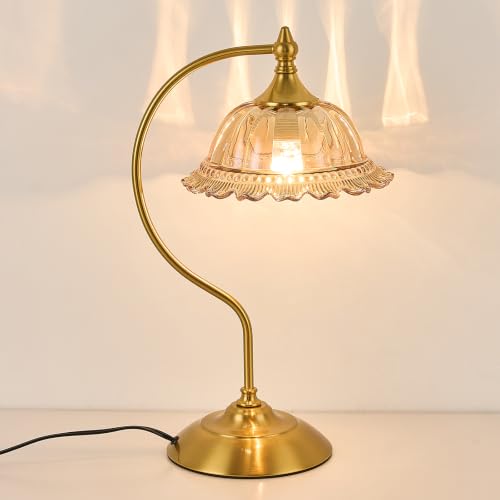 Jresioa Vintage Table Lamp with a Floral Amber Glass Shade Matte Brass Finish for Bedroom Living Room
