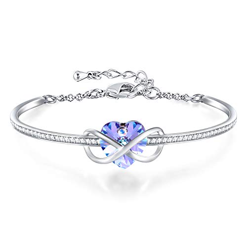 GEORGE · SMITH Infinity Love Heart Bangle Bracelet for Women Silver-Tone Adjustable Birthstone Bracelets with Swarovski Crystals, Women Girls Birthday Gifts with Elegant Jewelry Box