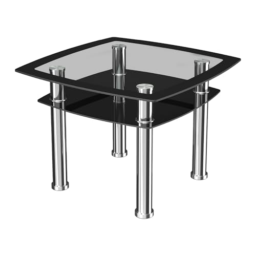 AVF Modern Black Glass & Chrome Side Table – 2 Tier Lamp Table with Clear Window Top, Tempered Glass & Chrome Legs – 60x50x43cm