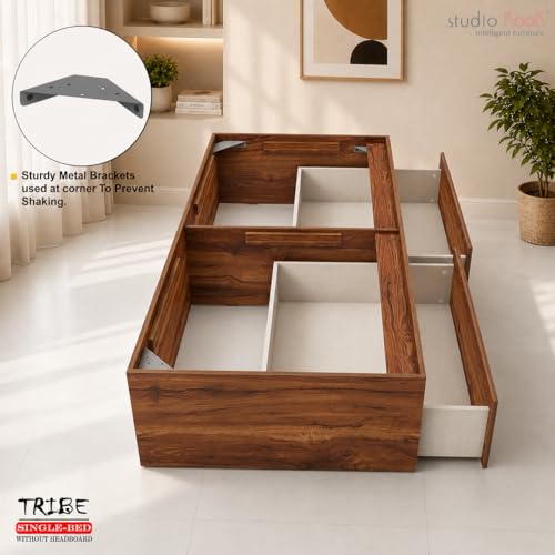 Image of Studio Kook Tribe Engineered Wood Single Bed with Dual Storage Drawers | Without Headboard (78x36 Inches, Amber Walnut, Matte Finish)