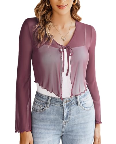 Image of Avidlove Womens Sheer Shrug Tie Front Long Bell Sleeve Mesh Bolero Lightweight Summer Casual Short Shawl Top