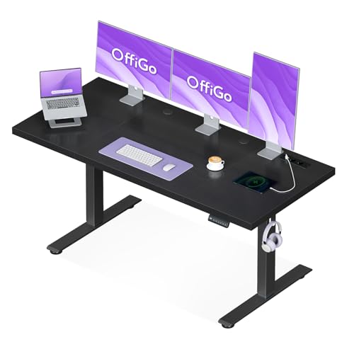 OffiGo Höhenverstellbarer Schreibtisch 180x70 cm, 35MM Tischplatte, Elektrischer Schreibtisch mit Steckdose, Standing Desk mit stabilen T-Beinen, Perfekte Ergonomie für Büro, Gaming, Schwarz