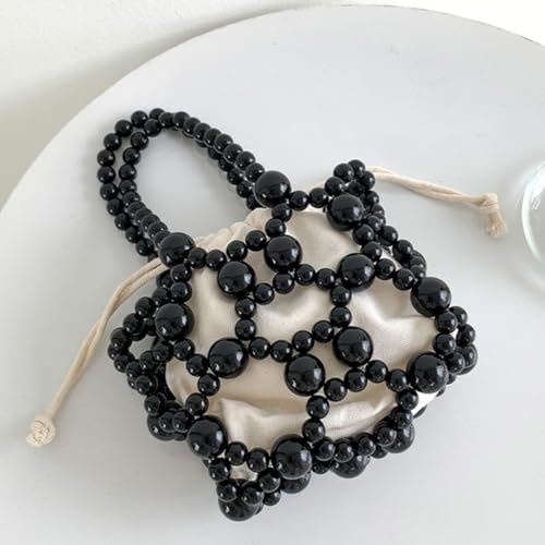 Petit sac à main cordon de serrage avec chaîne dorée et perles