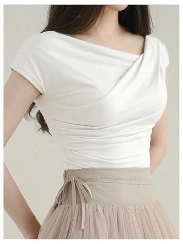 OYOANGLE Women's Asymmetrical Neck Short Sleeve T-Shirts Ruched Tight Shirts4