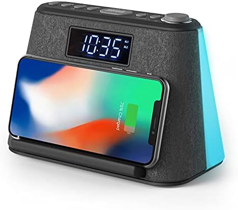 Digital Alarm Clock Radio, Bedside LCD Alarm Clock with USB Charger & Wireless QI Charging, Bluetooth Speaker, FM Radio, RGB Mood LED Night Light Lamp, Dimmable Display and White Noise Machine