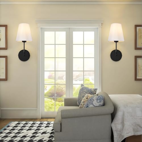 Image of Modern Hardwired Wall Sconce Set of 2 - Matte Black Finish with White Fabric Shades,Farmhouse Bedroom & Living Room Lighting, Hallway, Fireplace, Bathroom